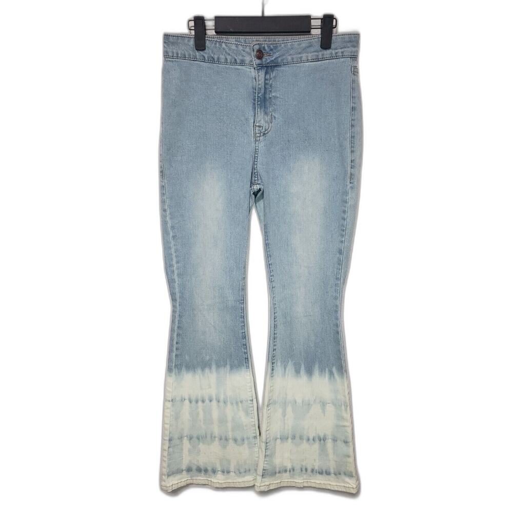 Ladies Rock & Roll Bargain Button Flare 29x32 Blue White Tie-Dye Hippie Jeans